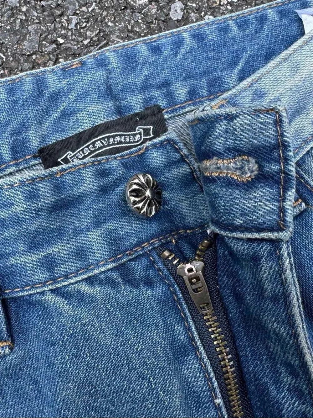 Chrome Hearts Blue Distressed Straight Jeans with Paint Accents